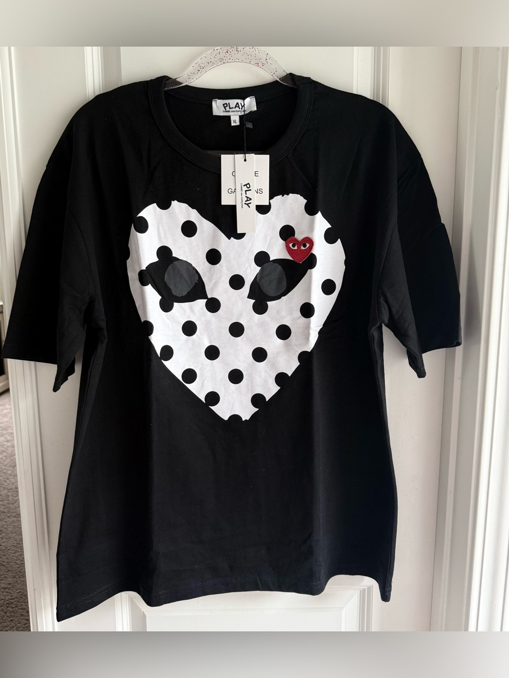 Comme des Garcons PLAY Black Tee with White Polka-Dot Heart and Red Heart Patch
